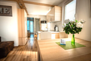 Living room with dining area and kitchen